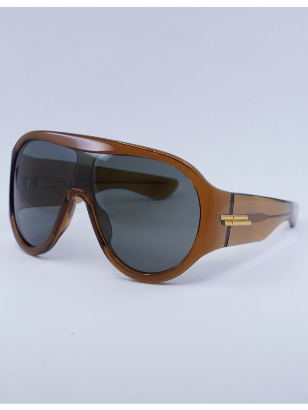 Bottega Veneta BV1345S 005 Sunglasses Shiny Brown Shield Frame, Grey Lenses
